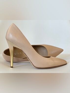 VICINI Italian Nude Beige Leather Pumps with Gold Heel, Women’s Size 38